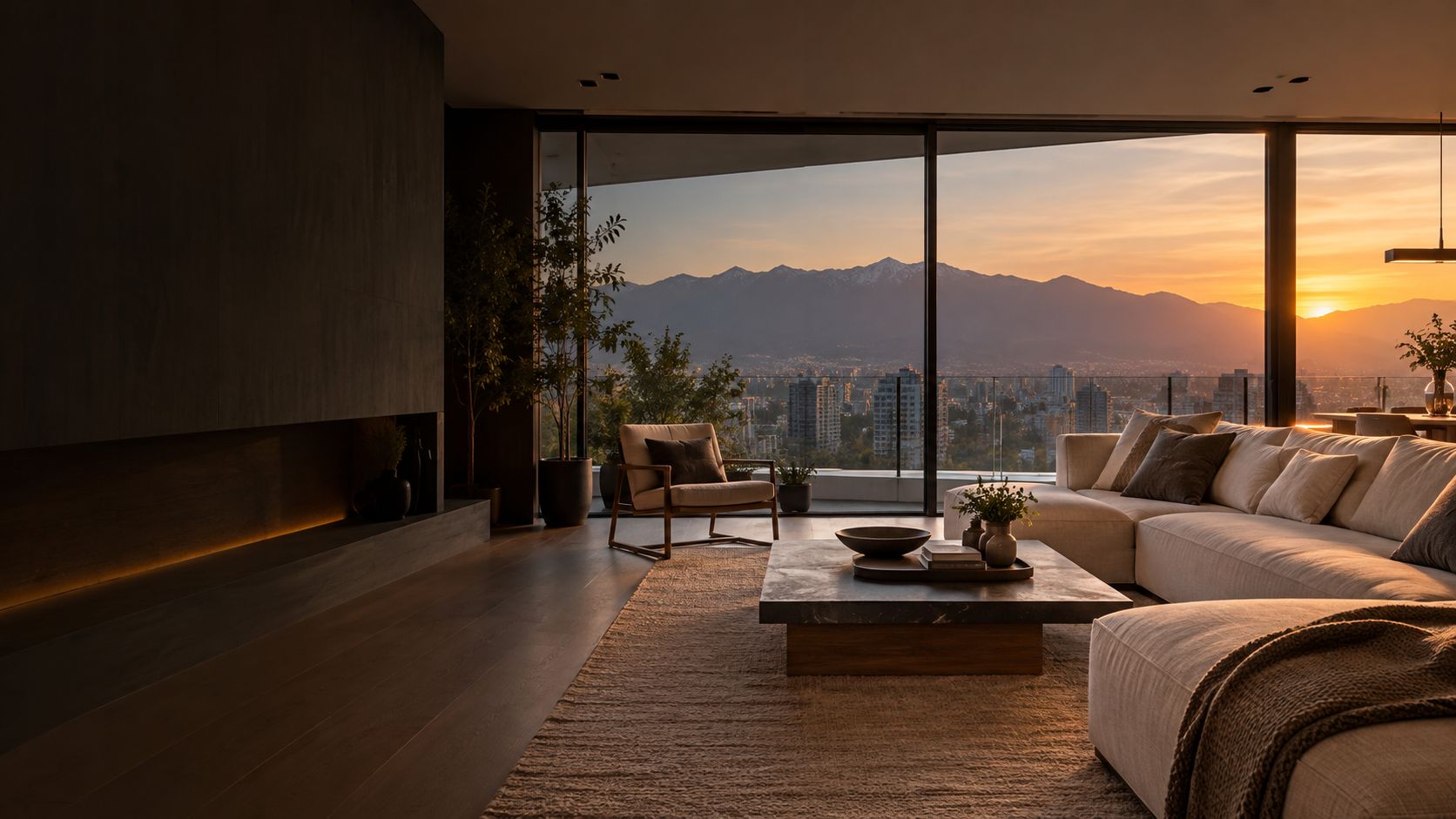 Living de un departamento con vista a la cordillera en Santiago